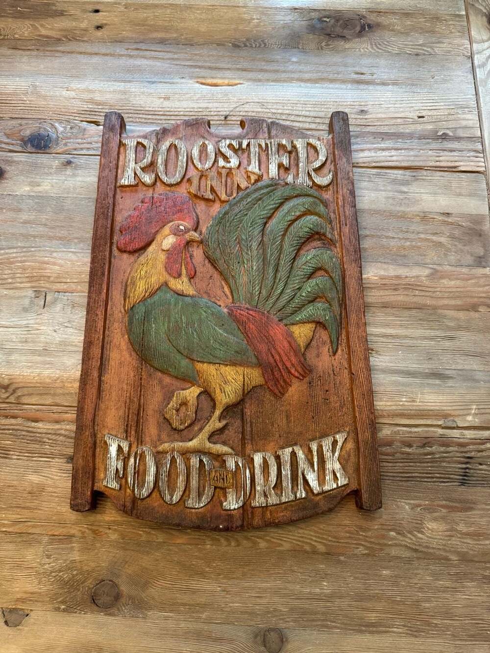 Vintage Rooster Inn Food and Drink Carved Wood Wall Sign 18x11